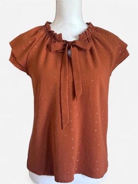 Ruffle Tie-Neck Short Flutter Sleeve Top - Rust Cottagecore Romantic Prairie